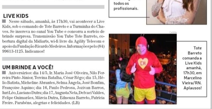 Recorte do Jornal de Fato: Live Kids sob o comando de Tote Barreto e a Turminha do Chaves, transmitida no YouTube
